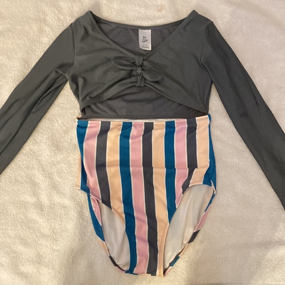 Stripe kids swimsuit swimmers grey pink 14/16 blue XL - Picture 2 of 3